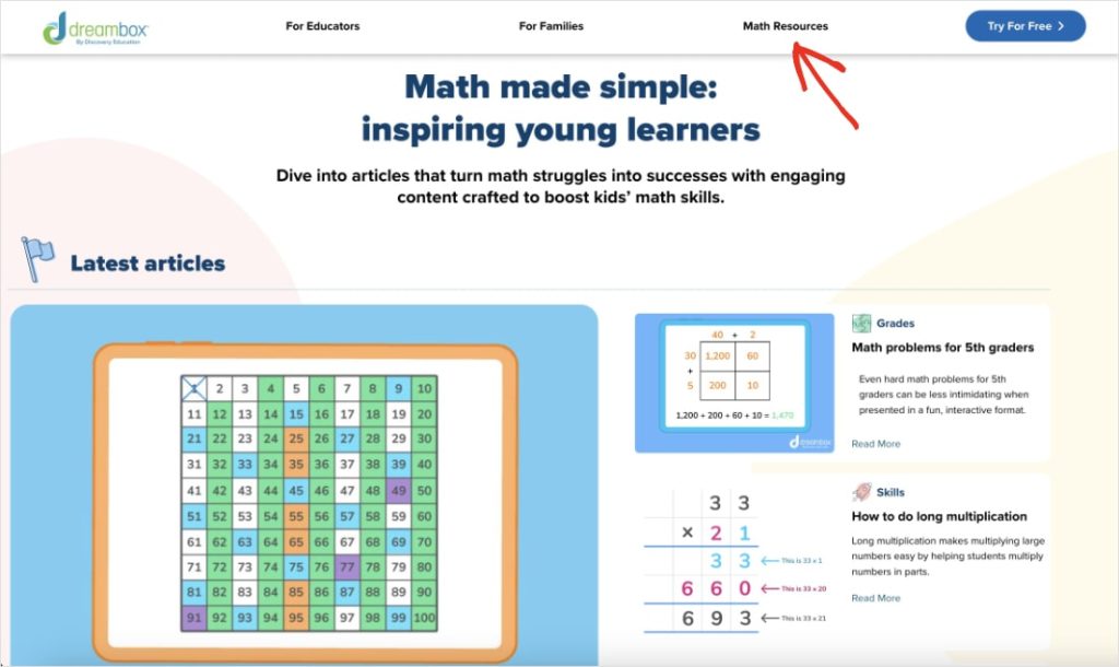 Math Resources page on the DreamBox website.