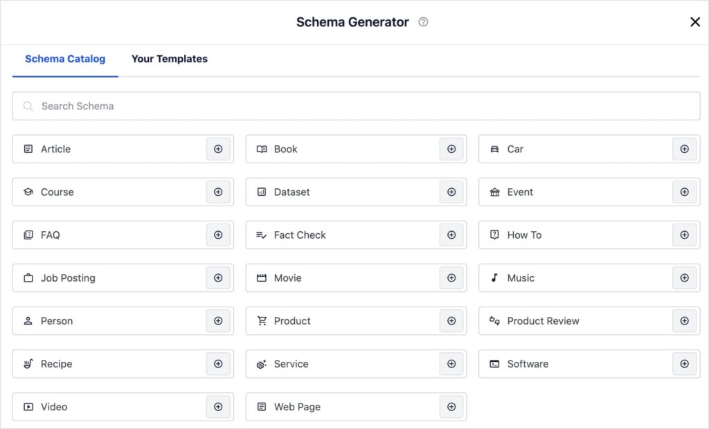 AIOSEO Schema Catalog The AIOSEO Schema Generator in WordPress.