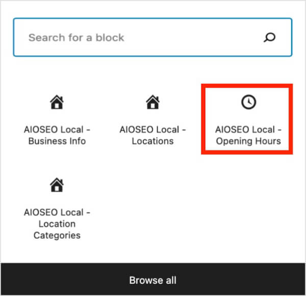 AIOSEO Local Opening Hours block in WordPress.