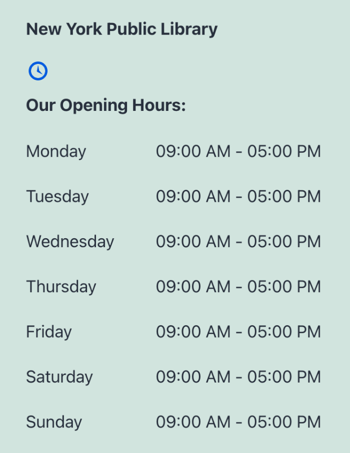 Opening hours widget displayed on WordPress site.