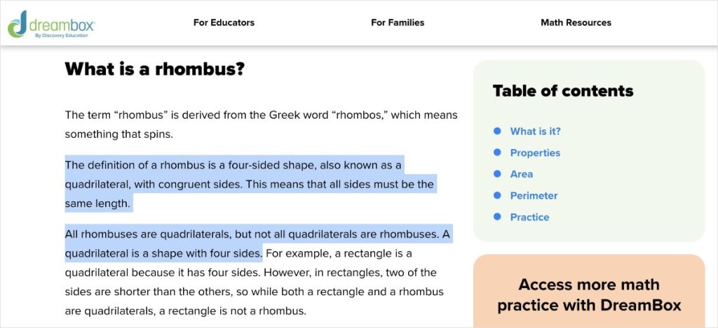 DreamBox article about the rhombus shape.