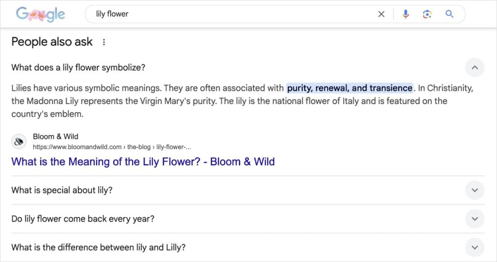 Google people also ask box shows a result about lilies from Bloom & Wild.