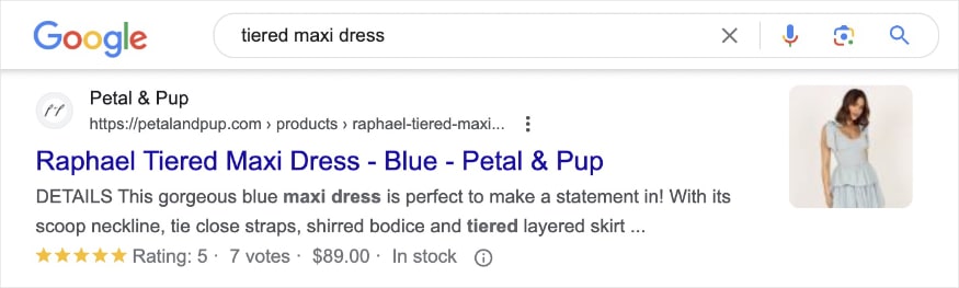 Review Snippet in SERPs Product review snippet in Google search results.