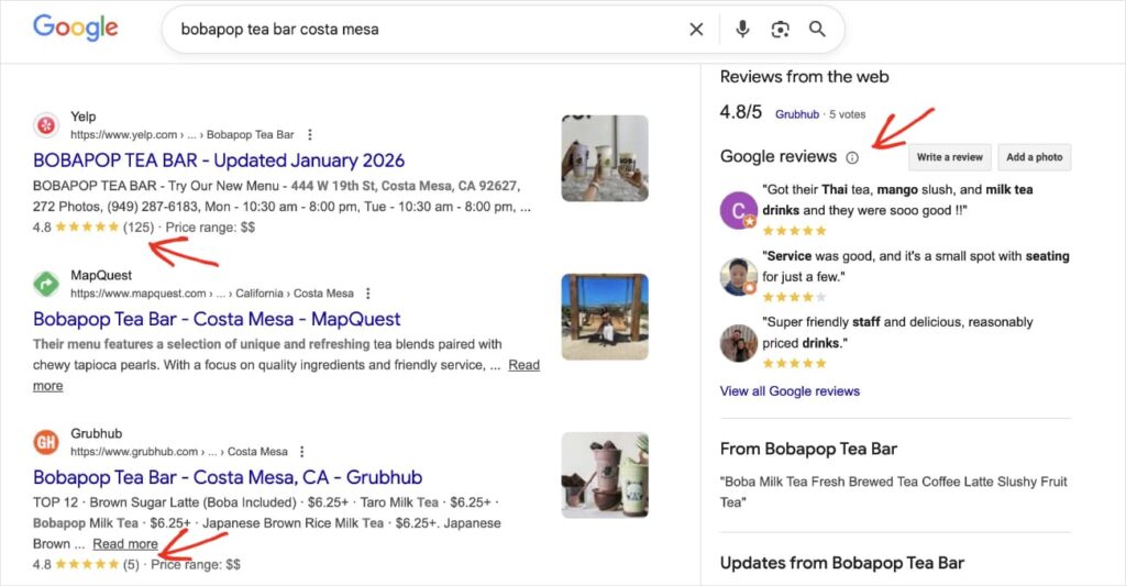 Positive reviews on Google for a bubble tea business.