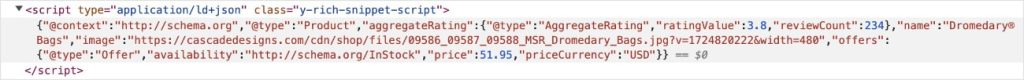 Excerpt of product schema markup in the HTML code of a Cascade Designs' web page.