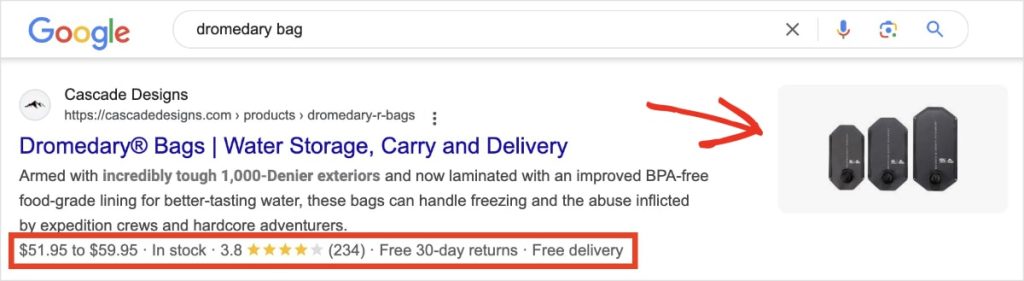 Product snippet in Google search results. 