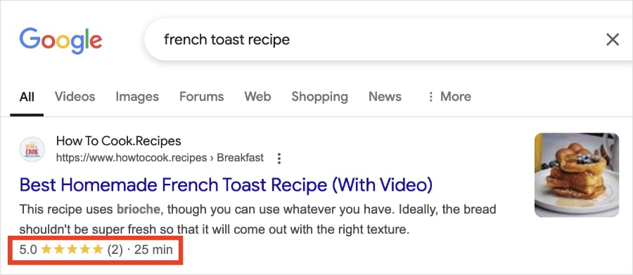 Rich Snippet Recipe review snippet in Google search results.