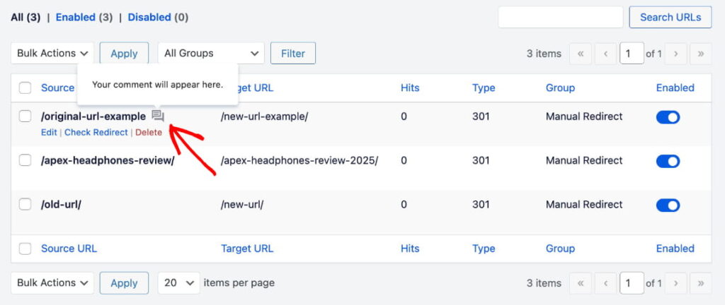 Redirects management table showing three URL mappings with Source, Target, Type (Manual Redirect), Hits, and an Enabled toggle. Redirects management table showing three URL mappings with Source, Target, Type (Manual Redirect), Hits, and an Enabled toggle.