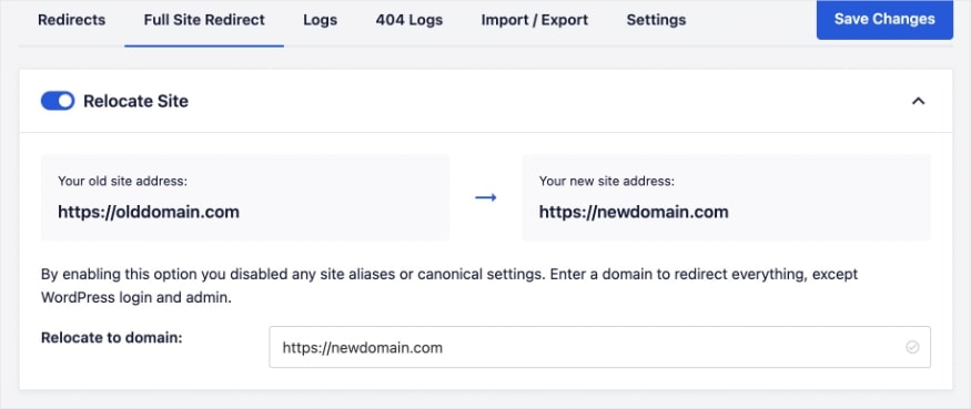 Full site redirect settings in the Redirection Manager.