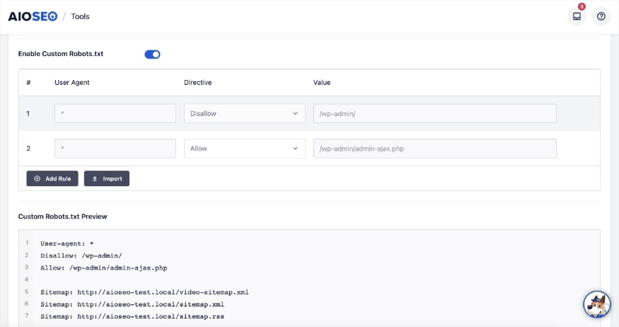 AIOSEO's robot.txt feature A snapshot showing how to use AIOSEO to manually edit your robots.txt file and boost your technical SEO