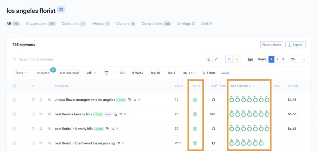 Lowfruits keyword report shows easy local keywords.