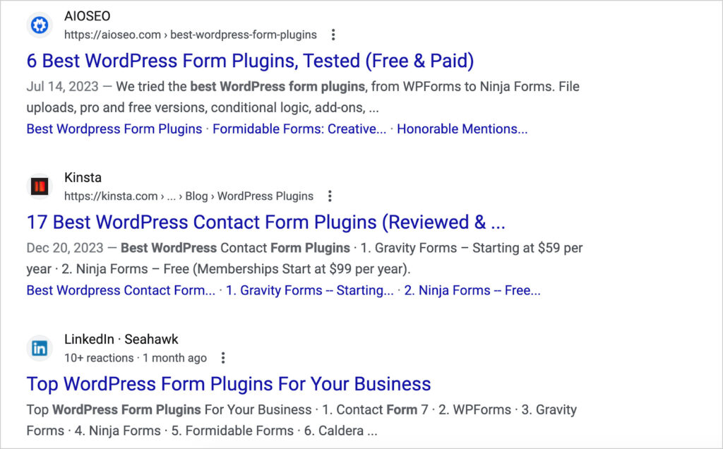Example of search results for WordPress form plugins.