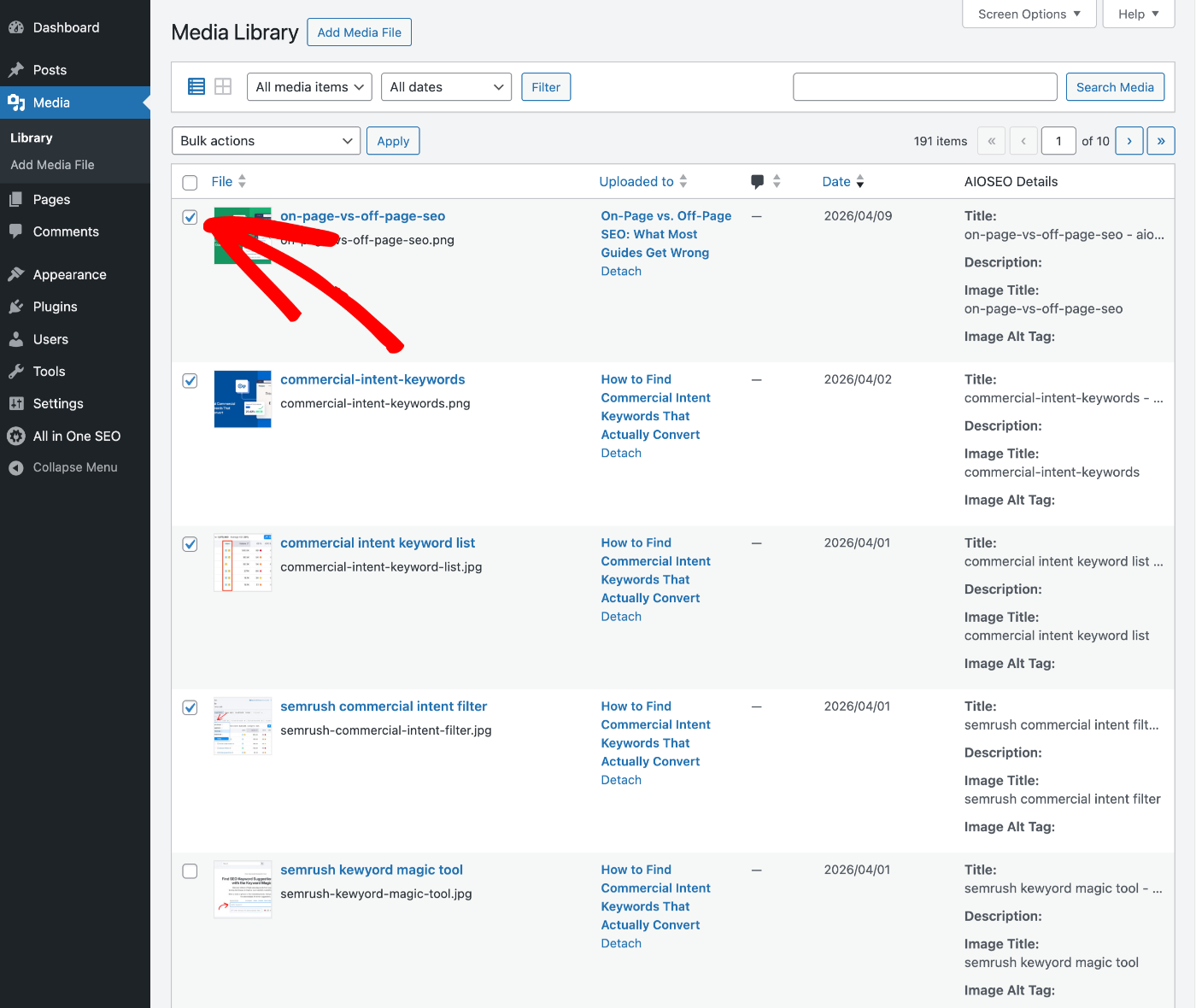 Selecting multiple images in the WordPress Media Library