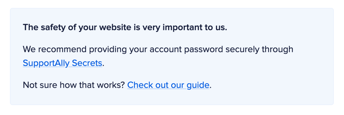 Sharing access alert informing users of the link to SupportAlly Secrets