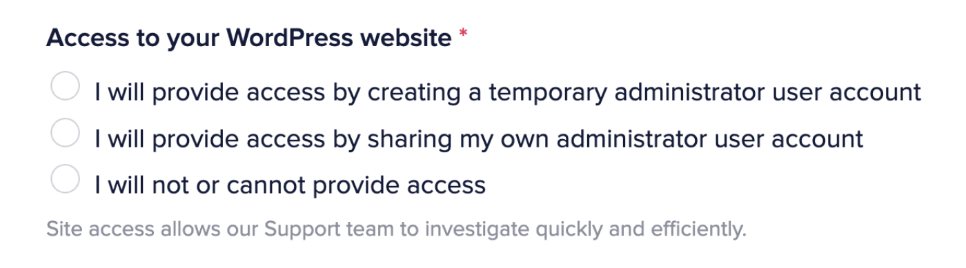 Access to your WordPress website section of the Support form on aioseo.com
