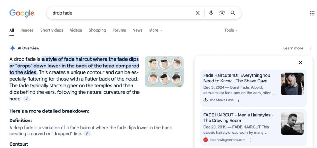 Google AI Overview Google AI Overview for the query drop fade.