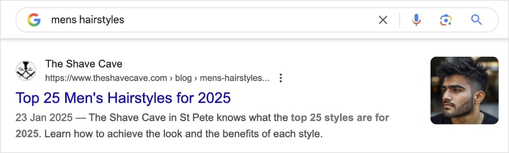 Image Snippet A Google search listing for the Shave Cave's blog post shows an image snippet.