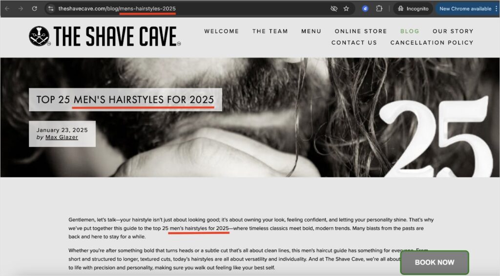 Keyword Optimization Examples Keyword optimizations on a Shave Cave blog post.