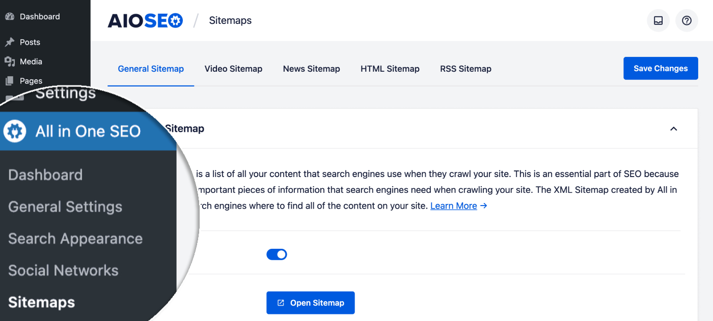 Elemento del menú Mapas del sitio en All in One SEO