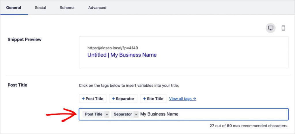 Smart tags used in a WordPress post title.