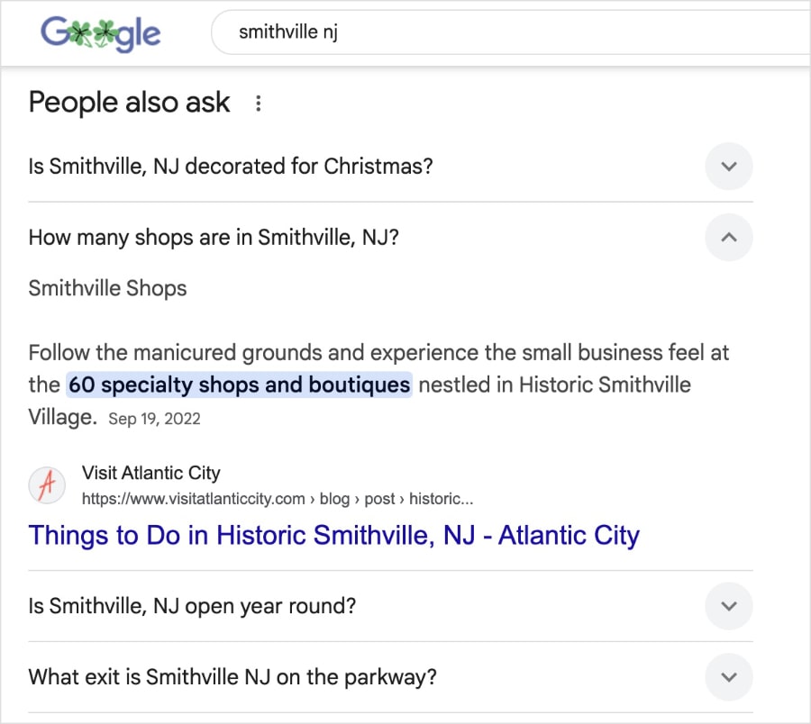 Google people also ask box shows a result from Visit Atlantic City about Smithville.
