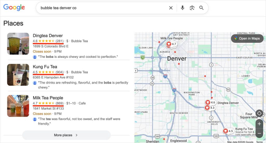 Google Local Pack shows businesses with almost 5-star reviews.
