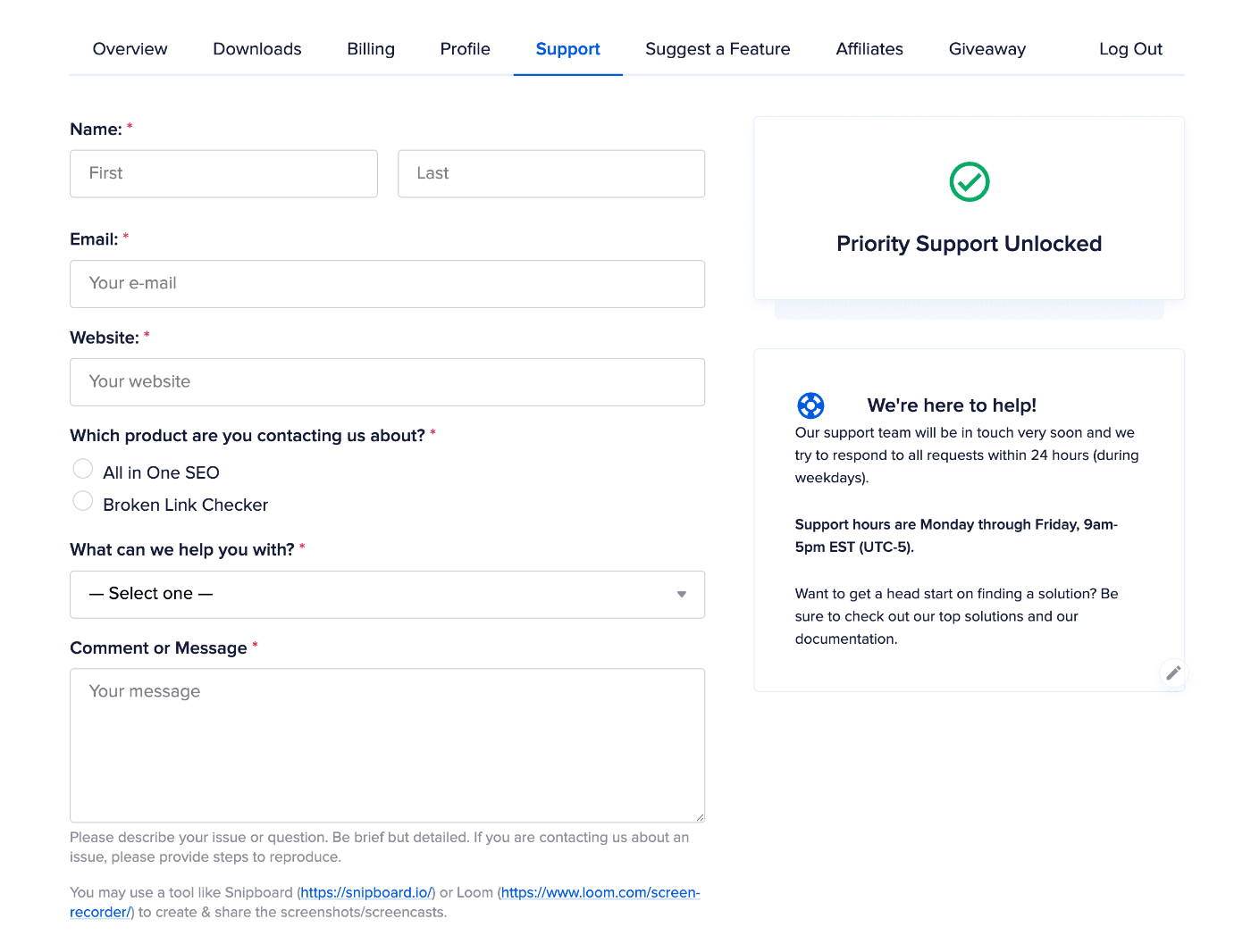 Support form shown in the Account area of the aioseo.com website