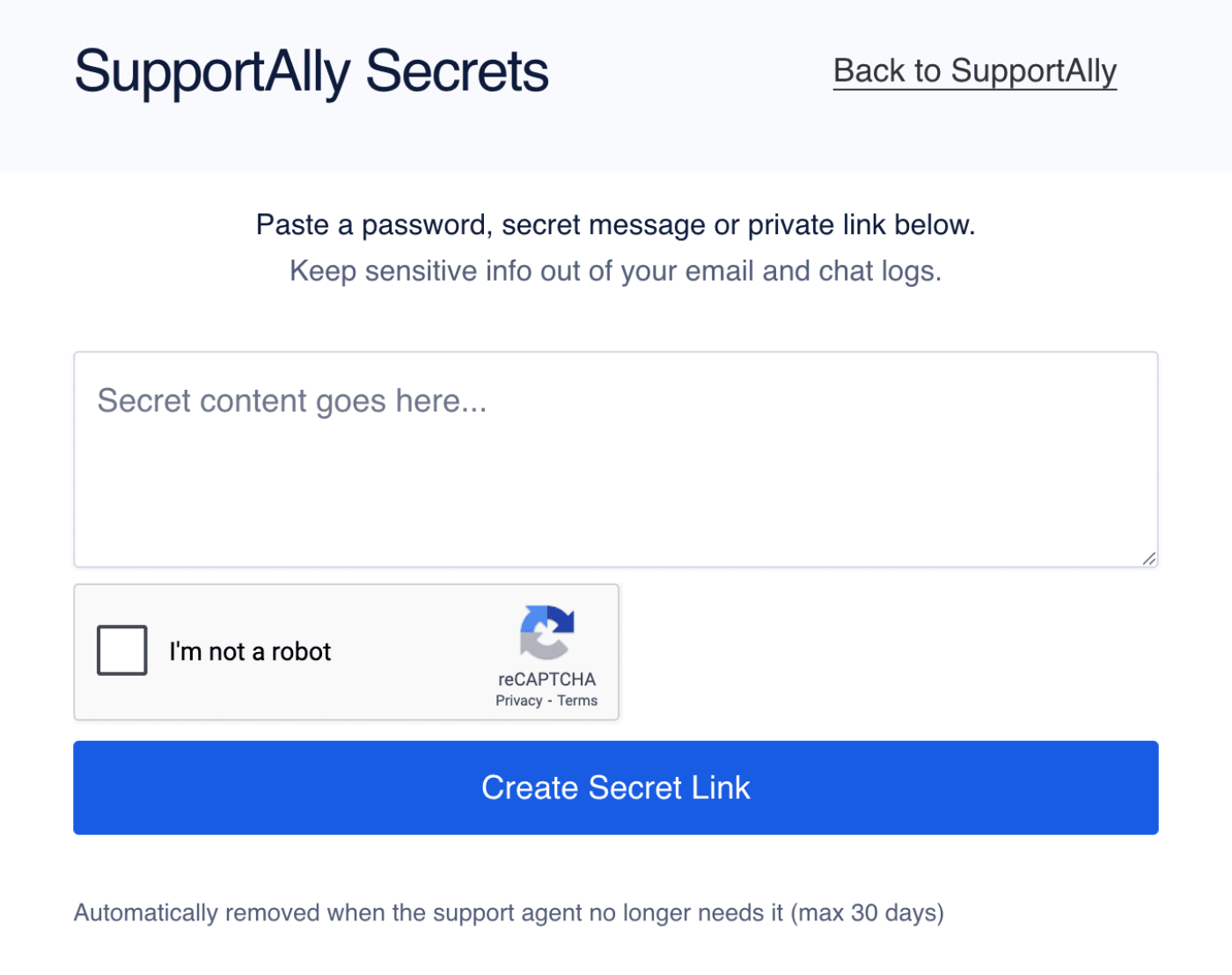 SupportAlly Secrets website showing the form where you can paste information