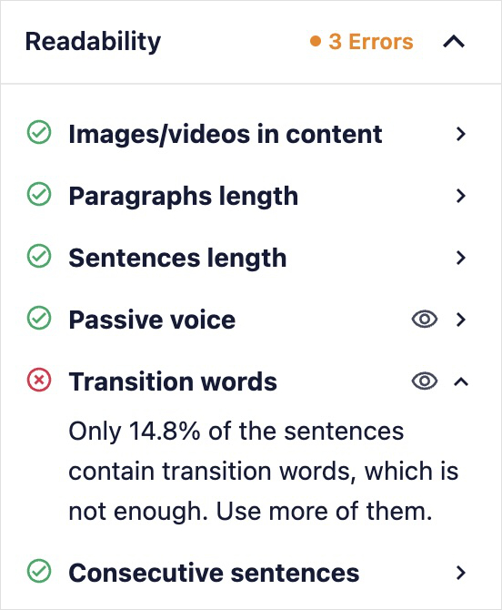 AIOSEO Readability Checklist gives recommendation to add more transition words.
