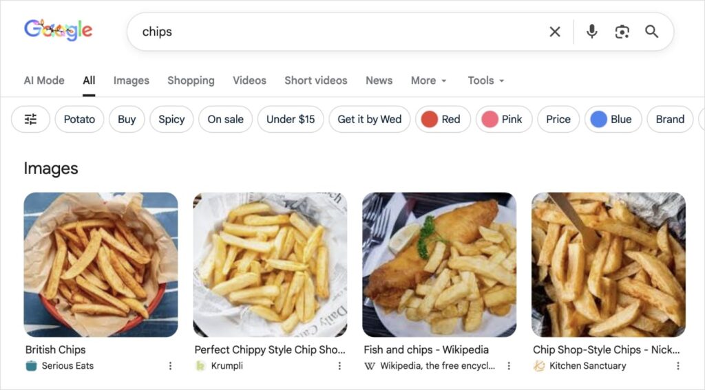 UK Google search shows pictures of french fries when searching the word chips.