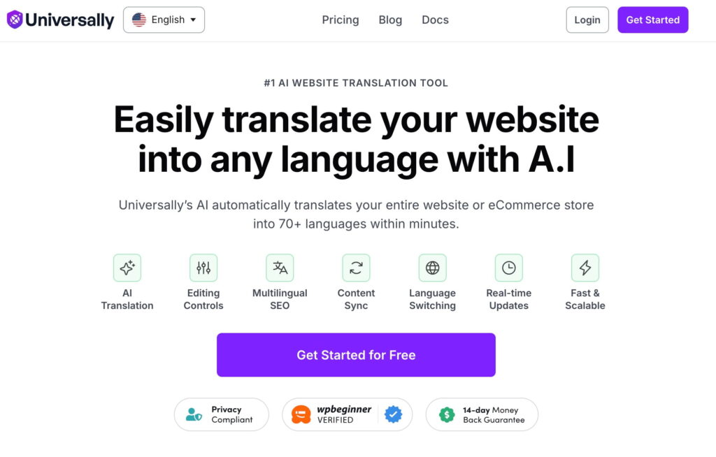 Universally homepage, the best AI website translation tool and platform for creating a multilingual WordPress site.