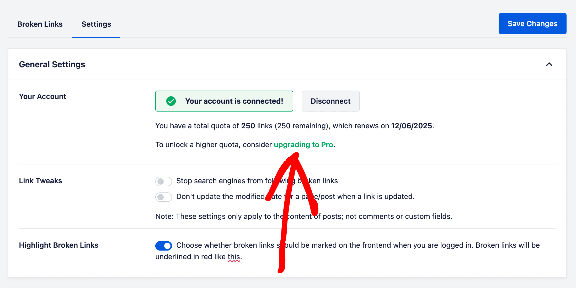 Upgrading to Pro link shown on the ​Broken Link Checker Settings screen