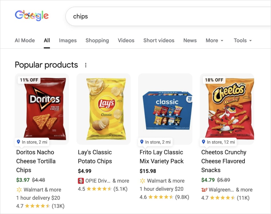 US Google search results show potato chips when searching for chips.