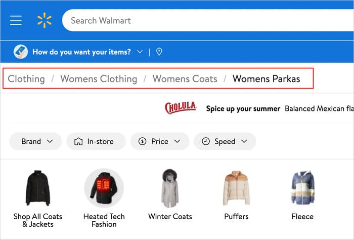 A snapshot of an example of breadcrumb navigation on Walmart's website showing strategic internal linking