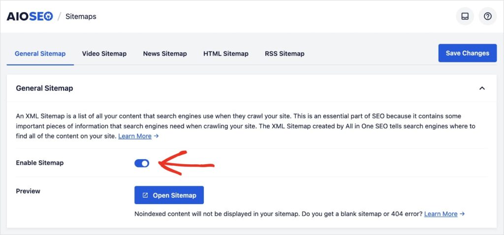 XML Sitemaps in AIOSEO Toggle button turns automatic XML sitemaps in AIOSEO on.