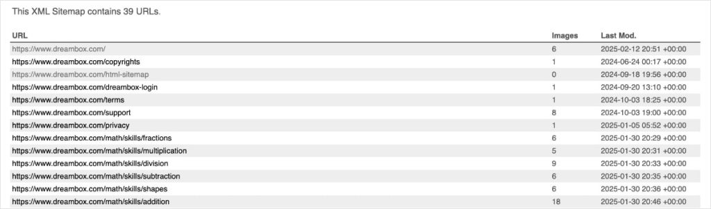 DreamBox XML sitemap with a list of URLs and last modified dates.