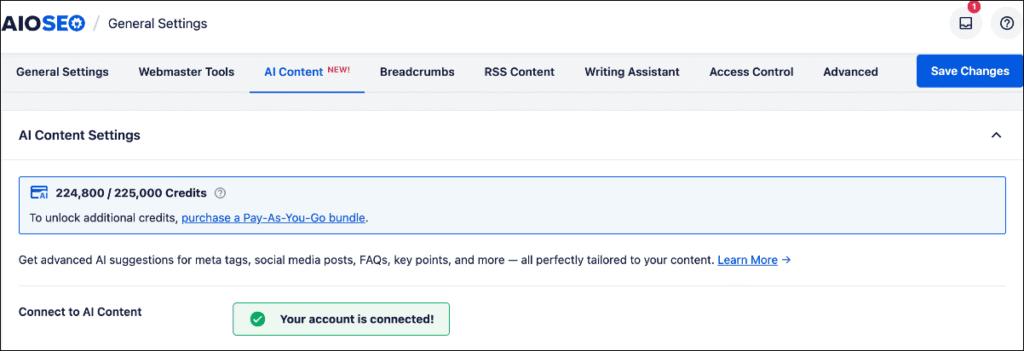 AI Content settings in AIOSEO.