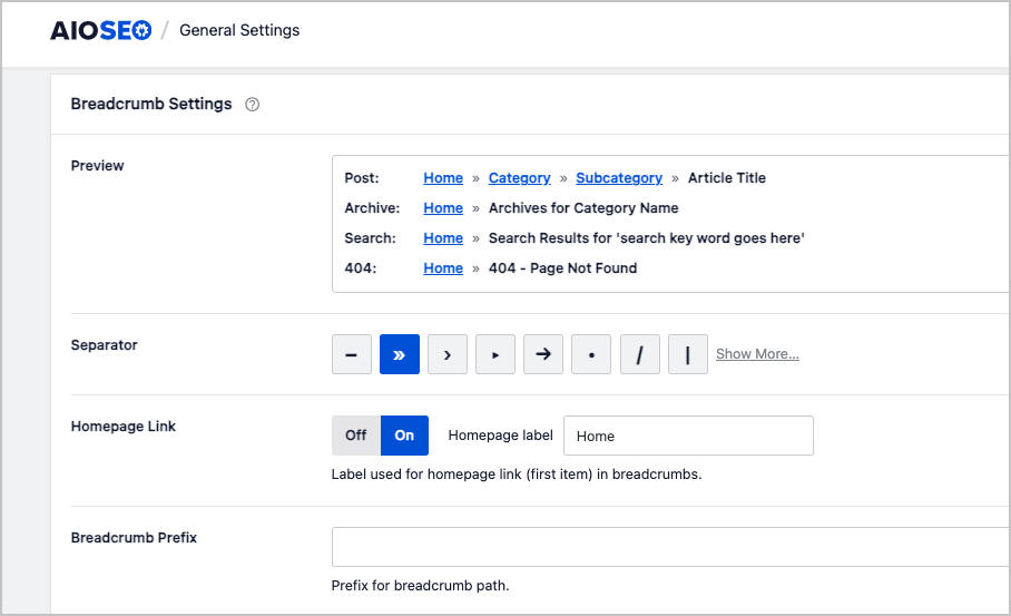 aioseo breadcrumb settings
