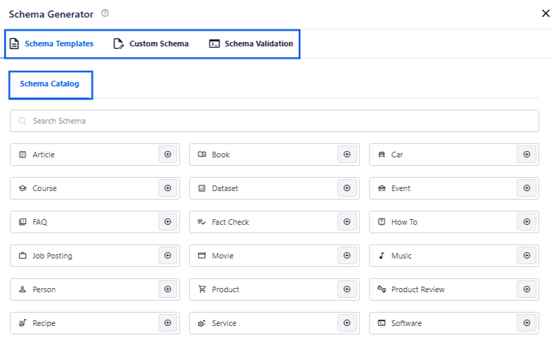 A snapshot of AIOSEO's schema generator feature in WordPress