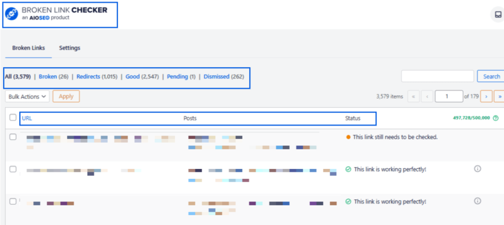 A snapshot of AIOSEO's Broken Link Checker Report