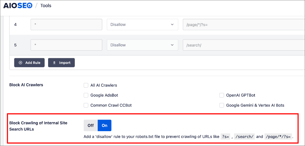 How to blocking internal site search URLs in the robots.txt editor A snapshot showing how to blocking internal site search URLs in the robots.txt editor