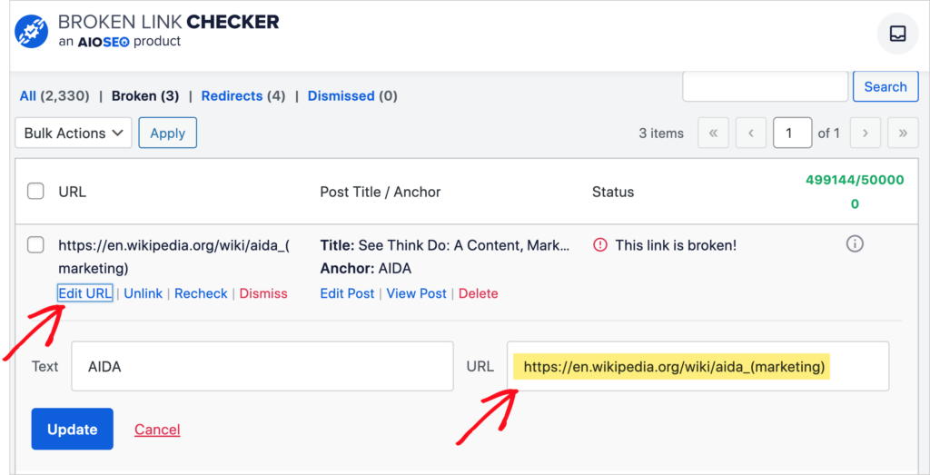Broken Link Checker option to edit URL.