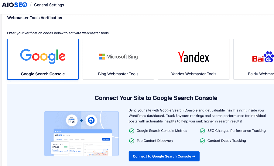 Connecting your site to GSC using AIOSEO.