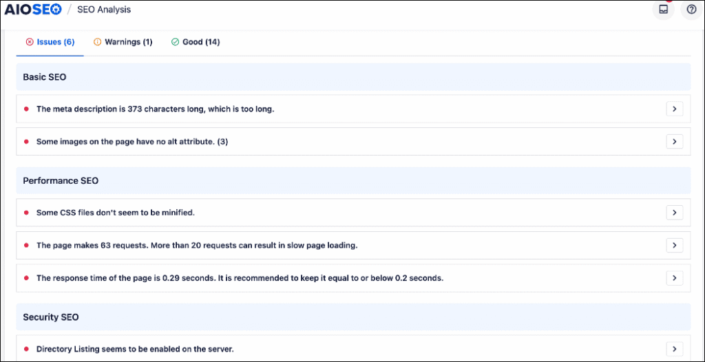 SEO Audit Findings SEO audit findings in the SEO analysis tool.