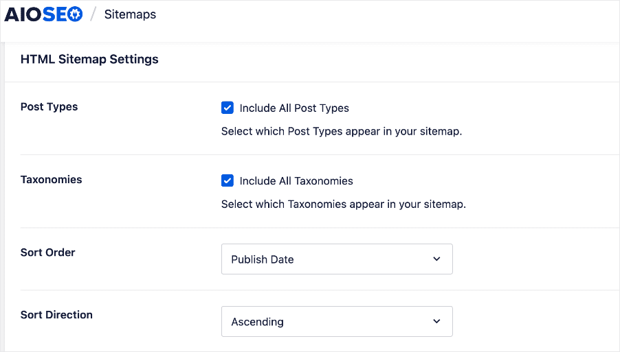 HTML sitemap settings