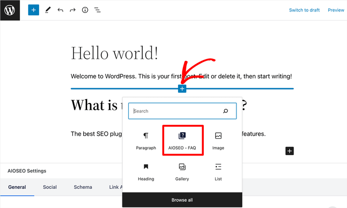 Insert FAQ blocks in WordPress is easy with AIOSEO's FAQ block.
