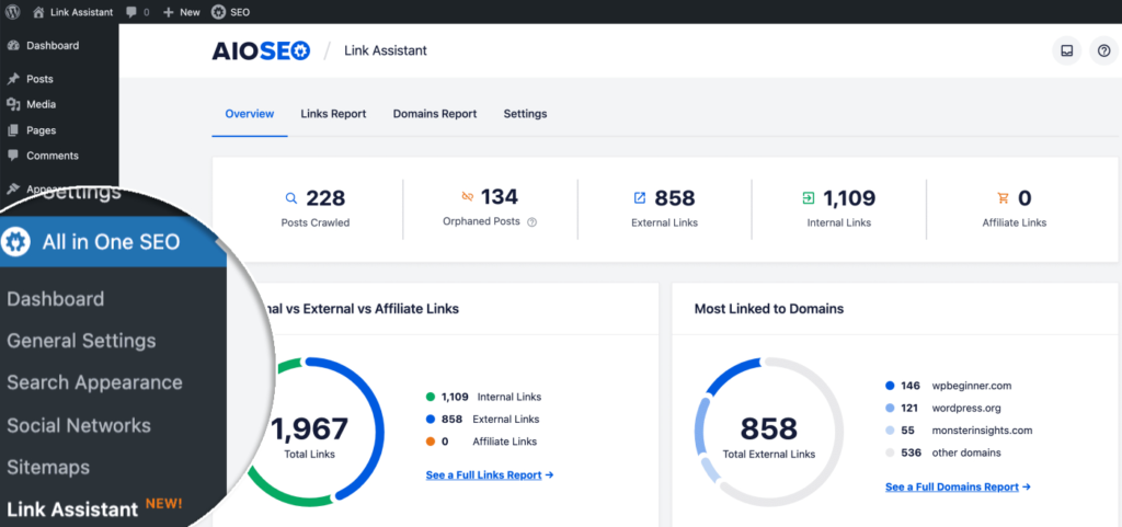 A snapshot of AIOSEO's Link Assistant feature for internal links