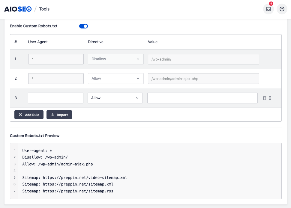 AIOSEO robots.txt editor in WordPress.
