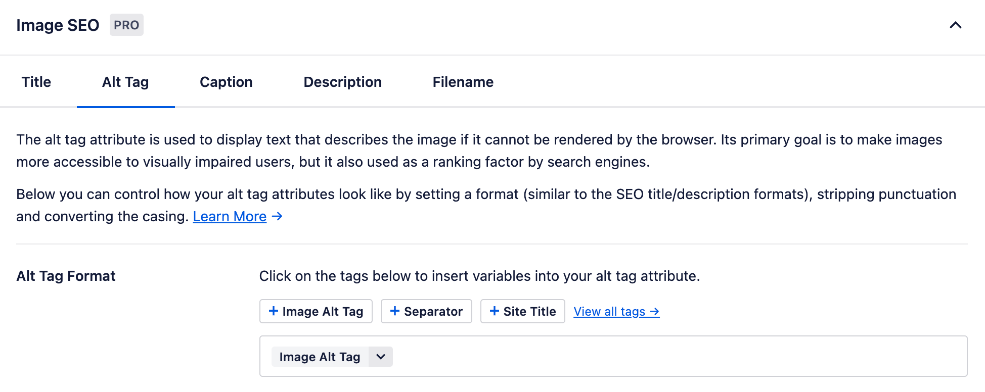 Image SEO Settings Image SEO settings show how you can use smart tags to automate image SEO.