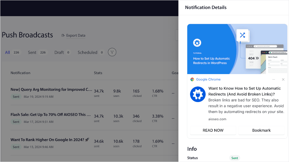 A snapshot of a push notification example used to drive organic traffic back to a blog post